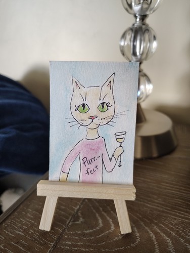 Original Cat ACEO Painting Cocktail Glass Cat Shirt Watercolor Ink Art Card OOAK