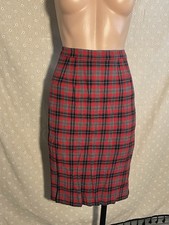 Vtg XS 1950s Early 60s Red Tartan Plaid Pencil Skirt Zip Button Wiggle Form Fit