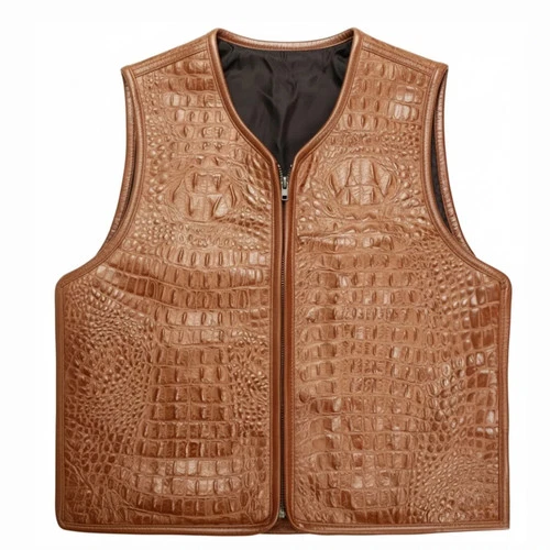 Men's Crocodile Embossed Leather Vest Alligator Print Biker Western Club Zipper