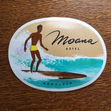 Vintage Moana Hotel 1950s Luggage Label Tag Honolulu Hawaii Surfing Surfer