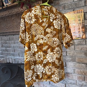 Vintage 70s Hawaiian Shirt XL Made in Hawaii Barkcloth Mustard Rust W/White