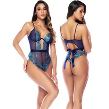 Mapale Lingerie Sheer Lace Mesh Bodysuit Embroidered Satin Bow High Leg S-XL