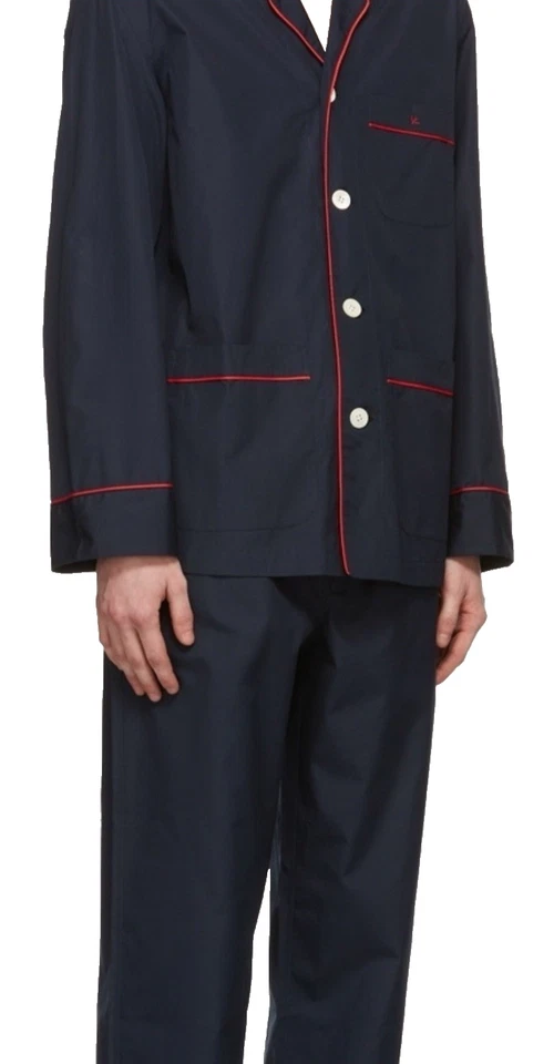 Isaia Hombre Pijama Pantalón Conjunto Regalo M Azul Marino Rojo Ribete Italia Lujo Regalo Foto 3 de 4