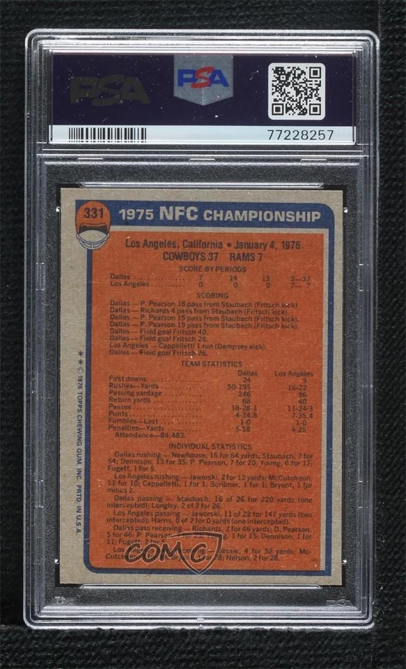 1976 Topps NFC Championship 1975 Roger Staubach #331 PSA 9 MINT HOF - Image 2 of 2