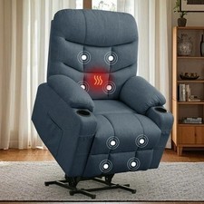 Blue Power Lift Recliner Heat Massage Armchair Remote Chairs Linen Recliners