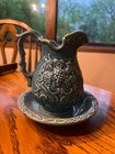Vintage Hull USA Blue Ceramic Pitcher and Basin Set Grapes Vine Raised Design