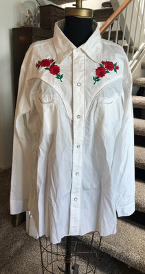 Shelbi Ranch Women s White Rose Western Rodeo Button-Up Shirt Long Sleeve L