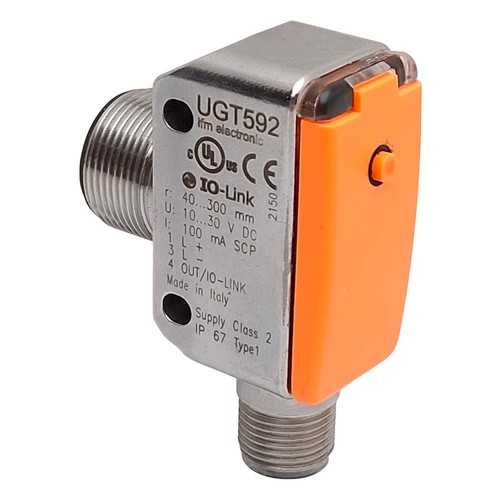 IFM UGT592 Ultrasonic Sensor, IO-Link, 40-300mm Range, PNP, M12 4-Pin, 10-30VDC - Picture 1 of 7