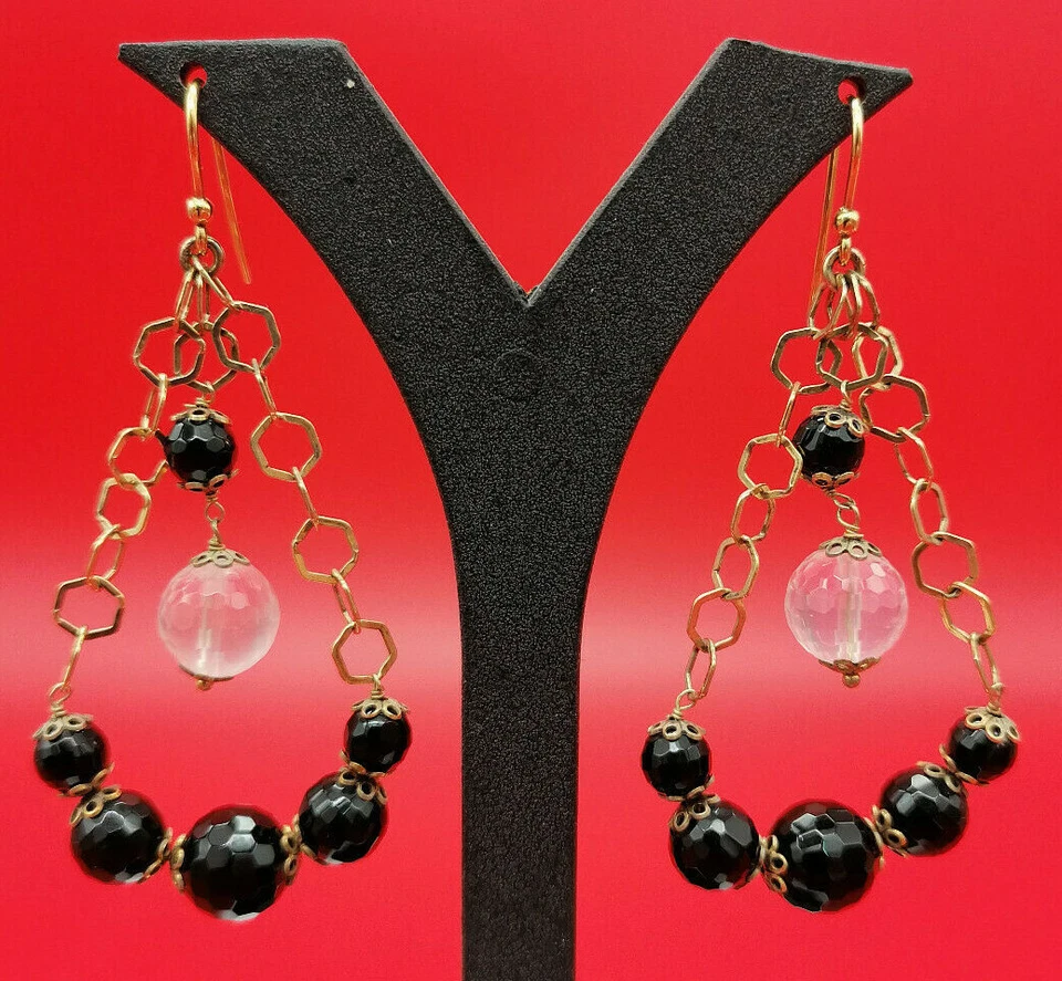 Pendientes de Mujer Plata Chapada en Oro Ónix Negro Cuarzo Rosa Colgantes - Imagen 2 de 4