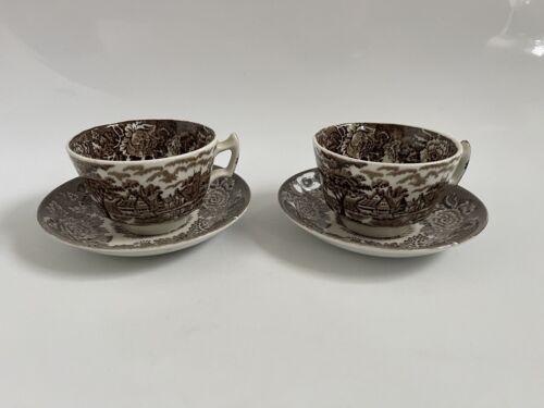 WOOD & SONS Enoch Woods English Scenery Brown Tea Cup and Saucer Set of 2
