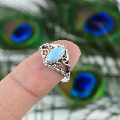 Larimar Gemstone Ring Solid 925 Silver Handmade Dainty Gift Ring All Size SA-13