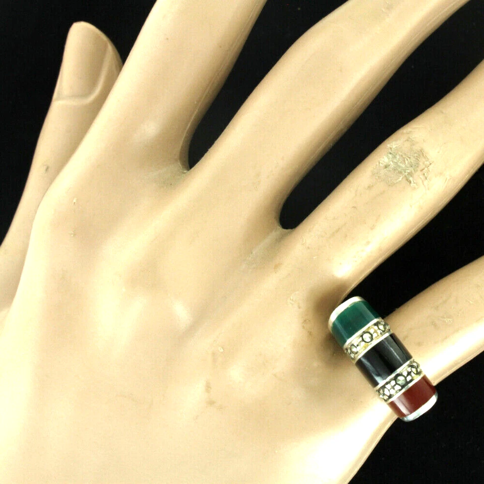 Argento D'Epoca 3 Pietra Anello di Marcasite - Onice / Verde Agata / Corniola ND - Immagine 3 di 4