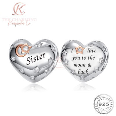 Schwester Herz Charm echt 925 Sterling Silber Love You To Moon - Geburtstagsgeschenk