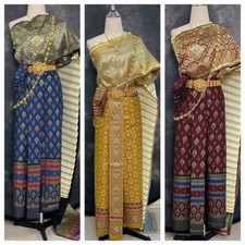 Thai Traditional Silk Attires Woman Dance Sabai Wedding Skirt Embroided Top Sash