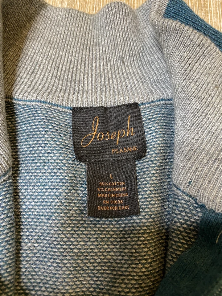 Joseph by Jos A Bank Green Teal Half Zip Cashmere Cotton Sweater Elbow Patch L - Image 2 of 4