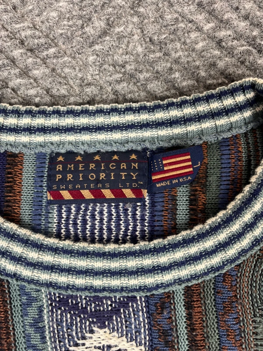 Vintage American Priority Sweater Adult Large 3D Knit Crewneck