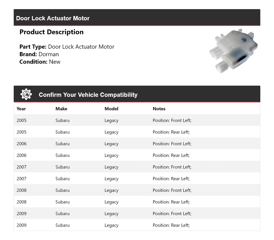 Двигатель привода дверного замка для Subaru Legacy Dorman 2005-2009 годов выпуска 2006 2007 2008 годов выпуска - Изображение 2 из 4
