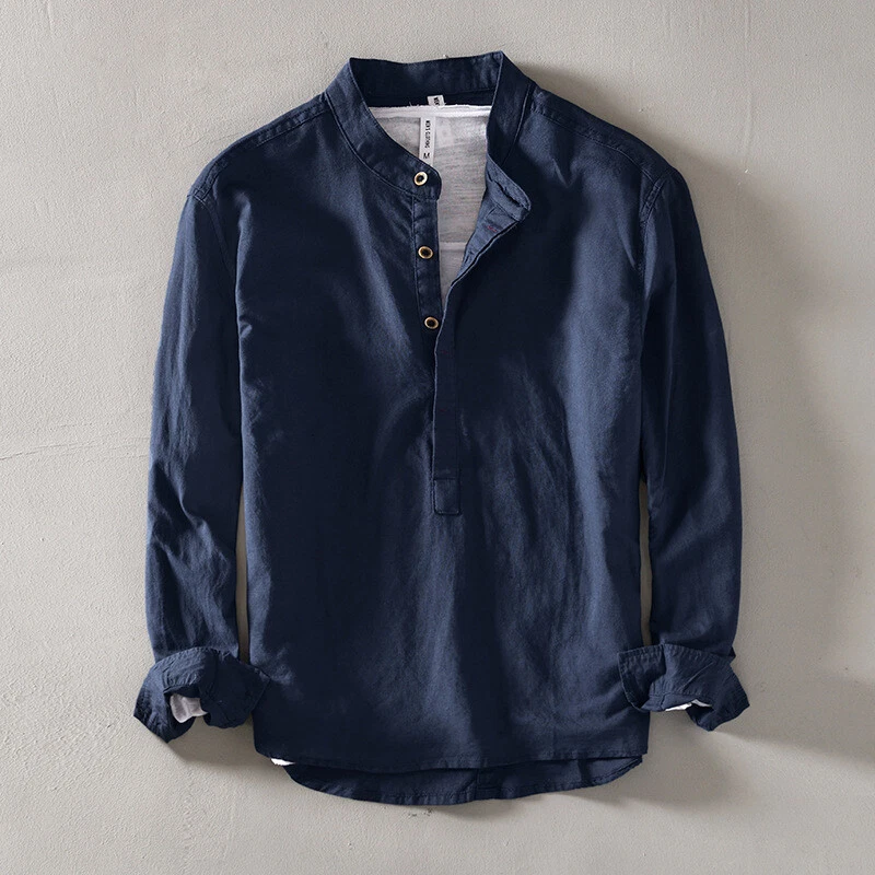 Mens Long Sleeve Shirt Casual Cotton Linen Shirts Pullover Tops Button Up Tops
