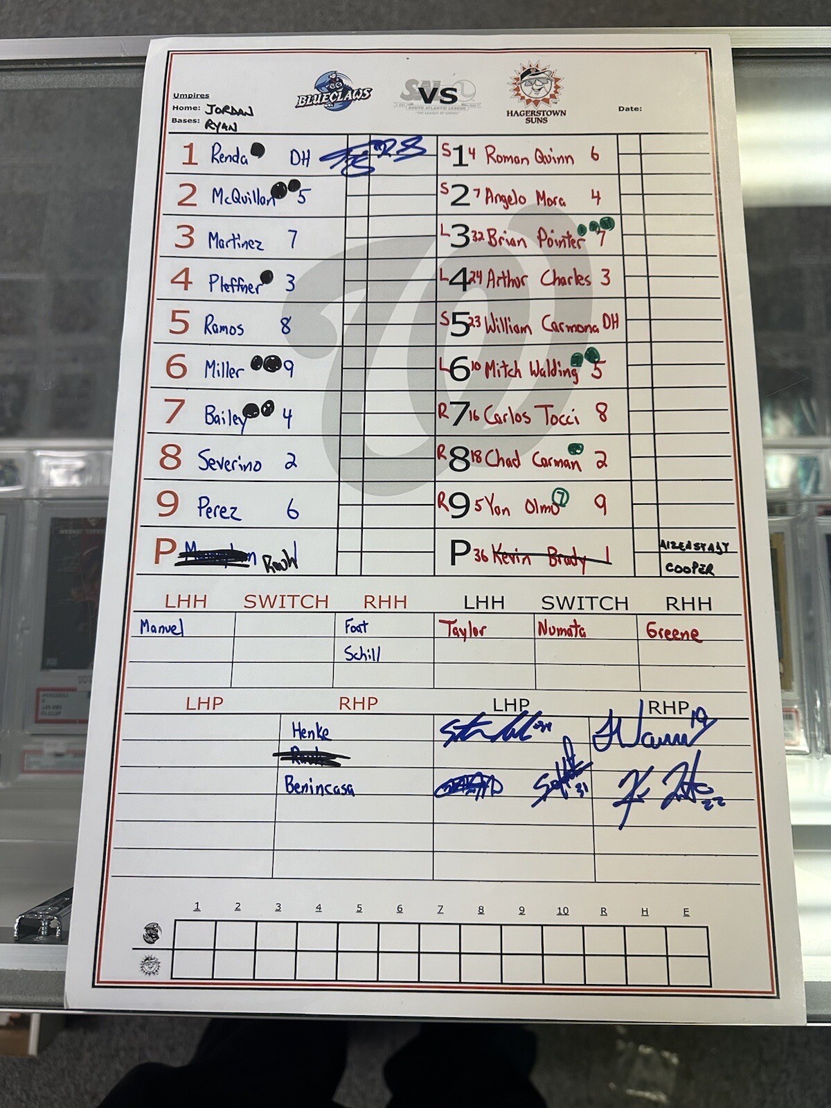 Hagerstown Suns Vs Blueclaws Signed Game Used Lineup Card 6 Signatures