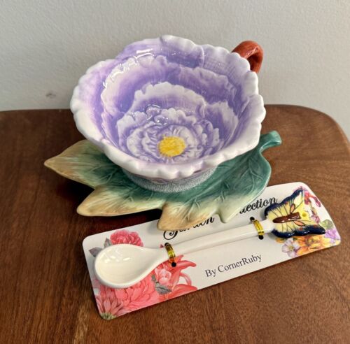Corner Ruby Garden Collection Flower Tea Cup Leaf Saucer & Butterfly Spoon NEW