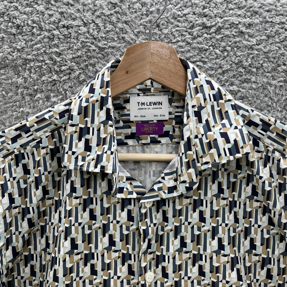 Camisa de vestir TM Lewin Liberty de tela para hombre 15,5 34,5 azul tostado geo abotonada Foto 2 de 4
