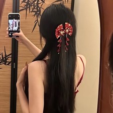 Festive Chinese Style Red Fan Flower Tassel Hair Clips 2pc