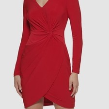 Guess Women's Red Twist-Front Knit Fitted Long Sleeve V-Neck Dress Size 14/L