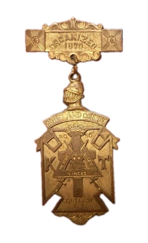 Antique 1800s Cortland NY Freemasonry Skull & Cross Bones  Medal Pin Fraternal 