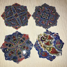 Set of 4 Turkish Ceramic Pottery  Scalloped Tile Coasters Floral Colorful