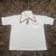 Vtg 60s Terry Cloth White Polo Shirt Womans Size Medium Sailor Style Collar