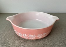 Pyrex 471 1pt Pink/White Gooseberry Glass Round Casserole Dish No Lid