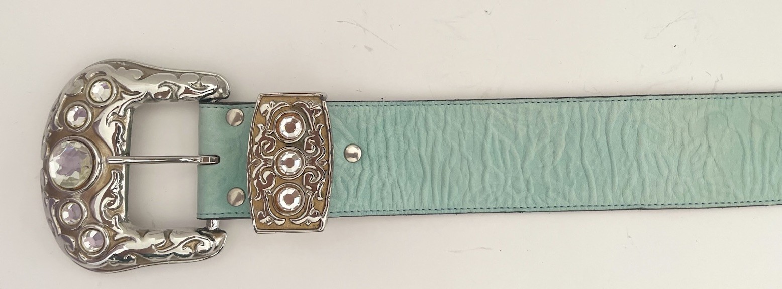 VTG Streets Ahead Wide Leather Belt w/Large Rhinestone Silver Metal Buckle SALE!