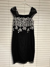 Adrianna Papell Black Lace Cocktail Dress W/ White Floral Embroidery Sz 10