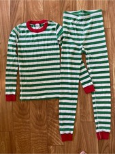 Hanna Andersson Green  White Striped Cotton Pajama Set with Red Trim Size 12