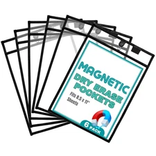 Magnetic Dry Erase Pockets by (6-Pack) - Portrait - Black Dry Erase Pocket Sl...