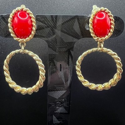 Vtg Trifari Clip Earrings Red Cabochon Twisted Rope Articulated Hoop Gold Tone