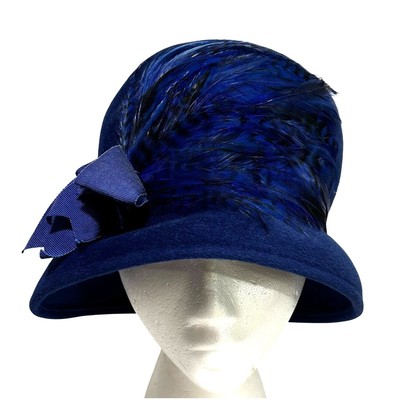 Vintage felted wool cloche hat Art Deco Flapper style royal blue with feathers 
