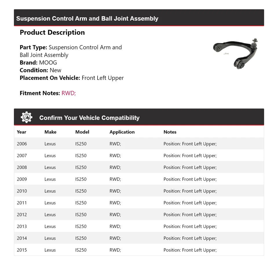 For 2006-2015 Lexus IS250 RWD Control Arm Front Left Upper MOOG 2006 2007 2008 - Image 2 of 4