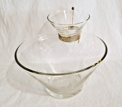 Vintage 3 Piece MCM Anchor Hocking Chip & Dip Set Clear Glass With Brass Bracket - Picture 3 of 24