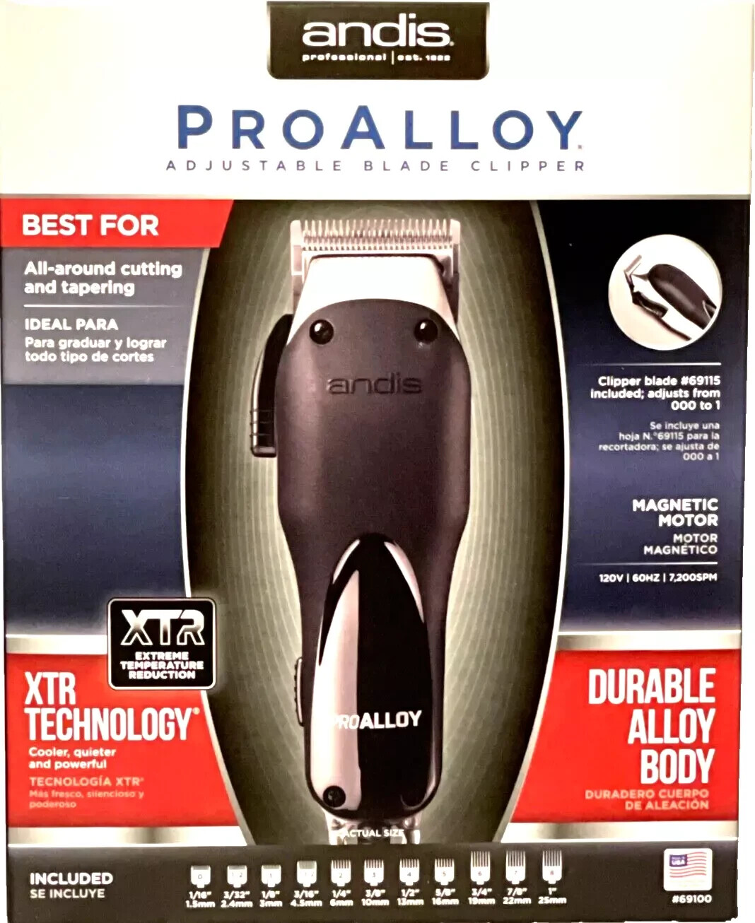 ANDIS PRO ALLOY ADJUSTABLE BLADE CLIPPER XTR COOL & QUIET AL
