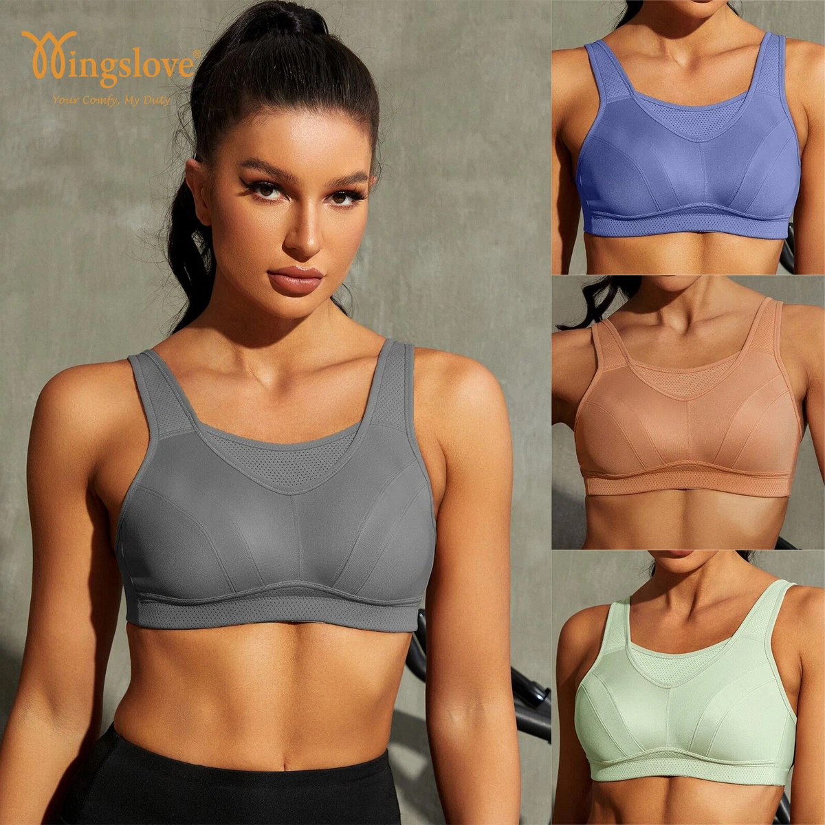 Wingslove Womens High Impact Sport Bras Plus Size Gym Full Cup Wirefree  Crop Top