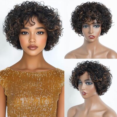 Short Bob Curly Wig with Bangs Human Hair Pixie Cut Wig Bouncy Curlys for Women