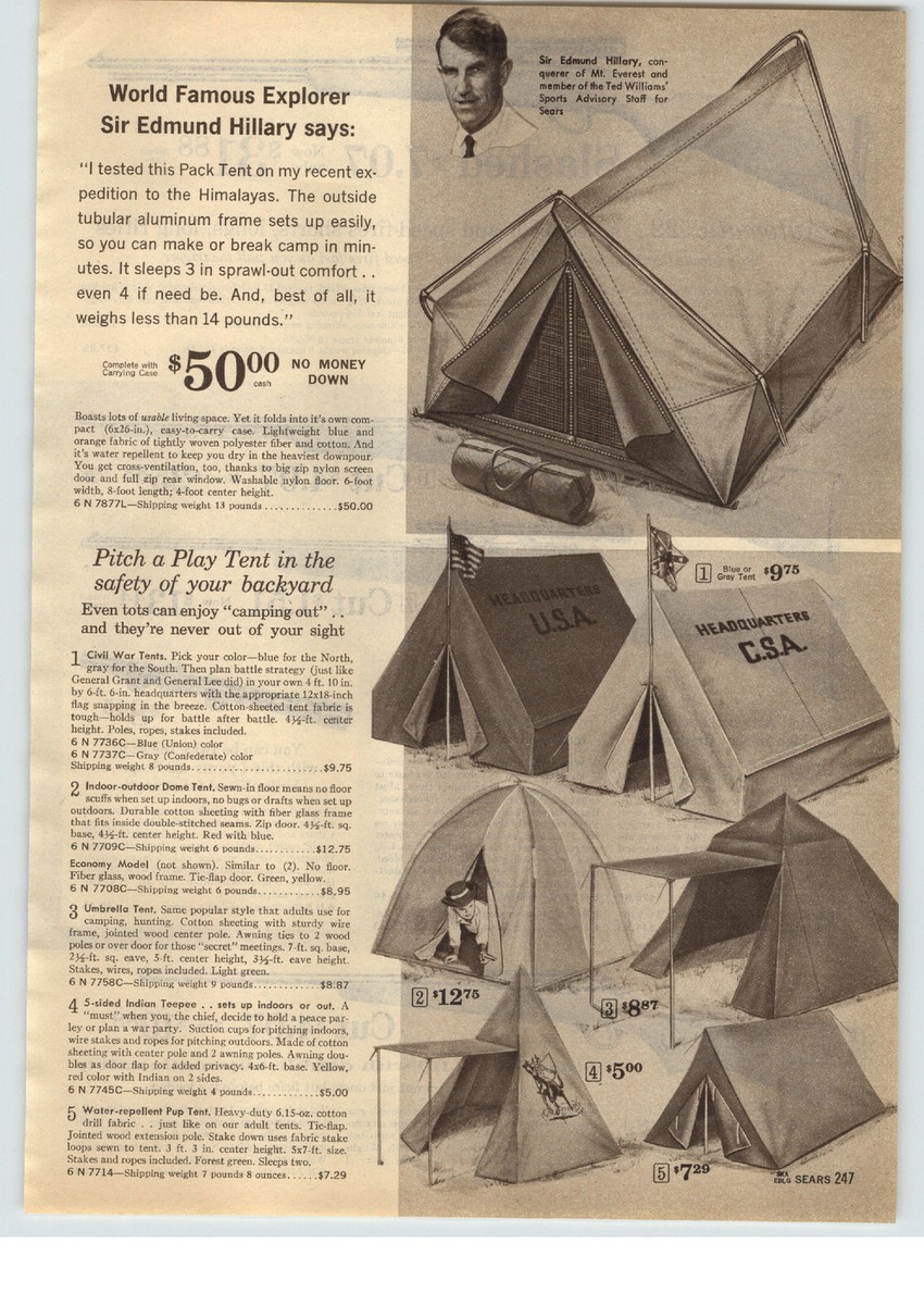 1963 PAPER AD Sir Edmund Hillary Pack Tent Toy Play Civil War Tents | eBay