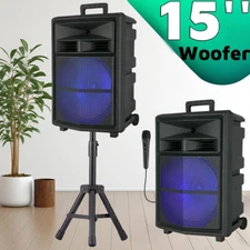 15" Portable Party Bluetooth Speaker Heavy Bass Sound Stand Mic LED Lights TWS