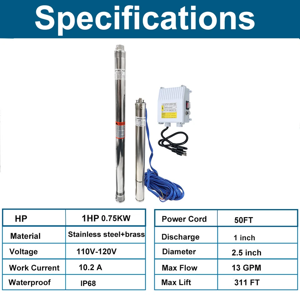 Bomba sumergible de pozo profundo 3/4 HP 2" OD 110 V 6 GPM 164 FT máximo 26 etapas 50 pies cable Foto 2 de 4