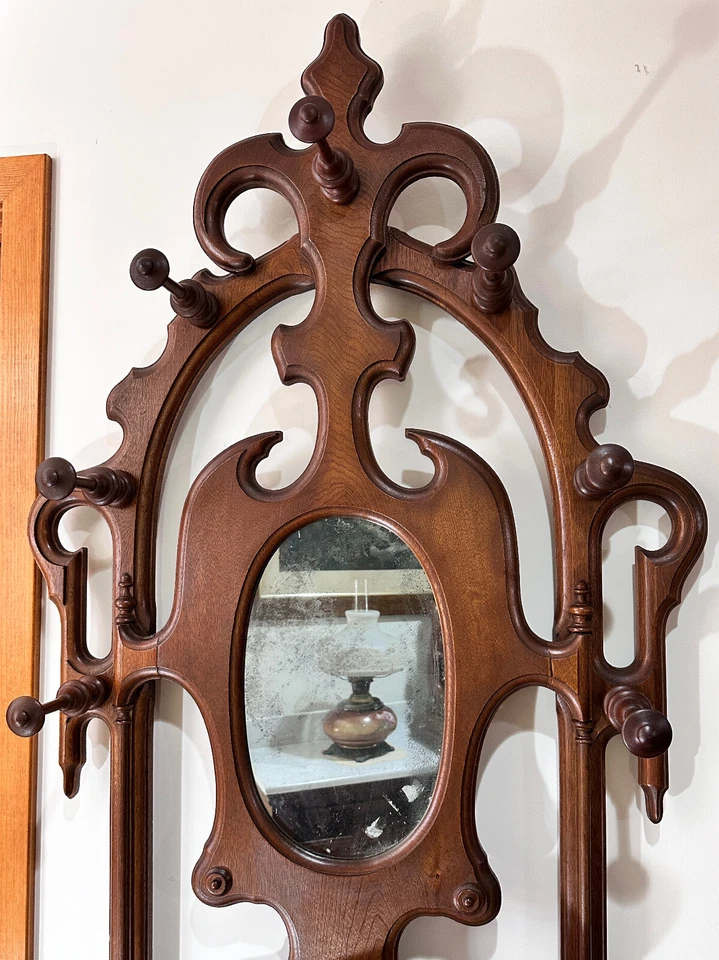 Antiguo Nogal Victoriano Espejado Salón Árbol Abrigo Sombrero Estante Paraguas Bastón Soporte Foto 2 de 4