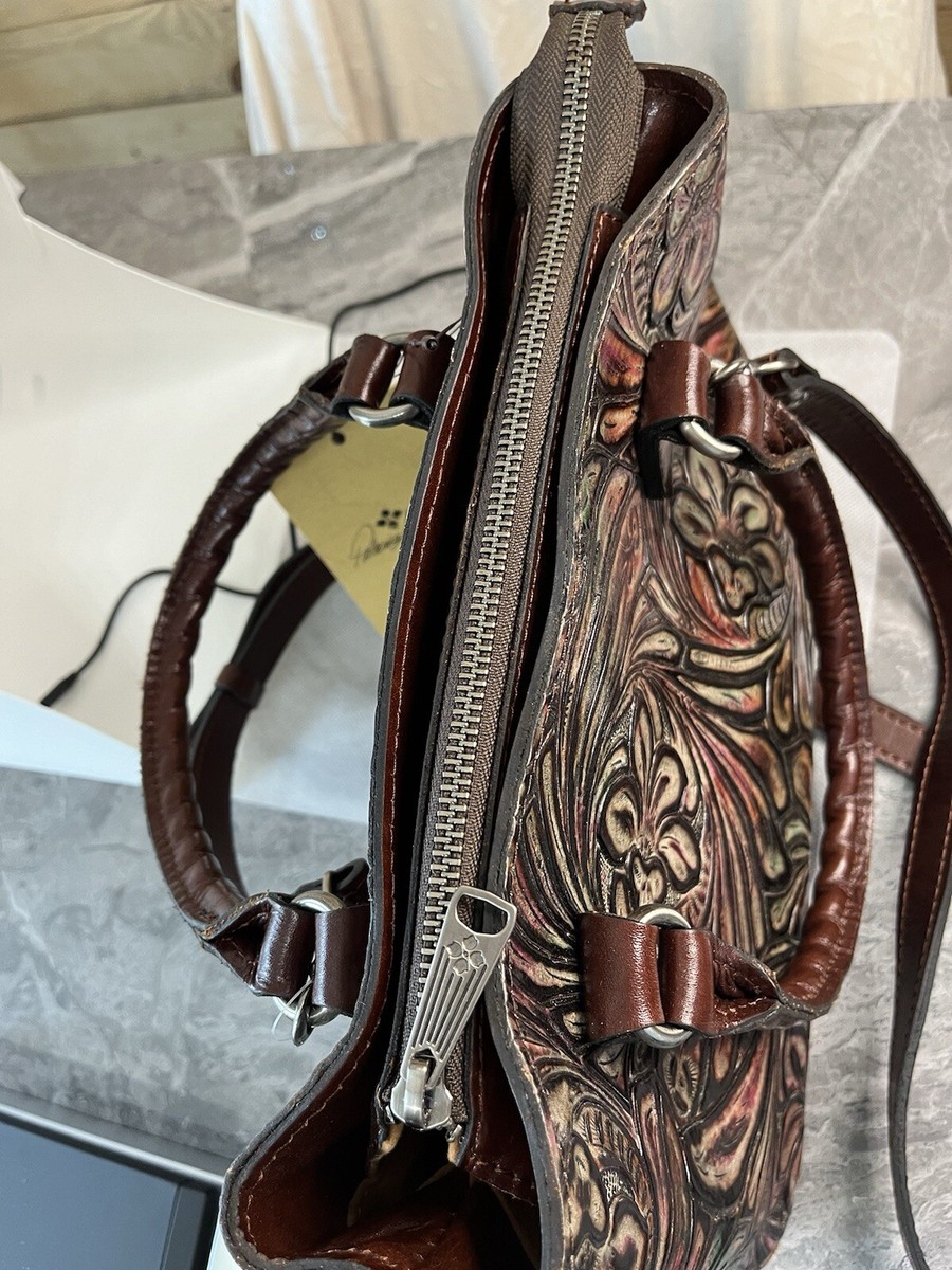 patricia nash tobacco fields Patricia Nash Leather Metallic Tobacco Fields Tooled Leather Handbag 13”W X  9”H