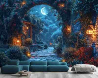 Magical Nighttime in Garden Light Wallpaper Mural Removeable Washable Peel-Stick