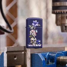 AUTHENTIC Zippo Lighter VIBRANT SKULL & FLOWERS TOPIARY Navy Matte NEW 2025