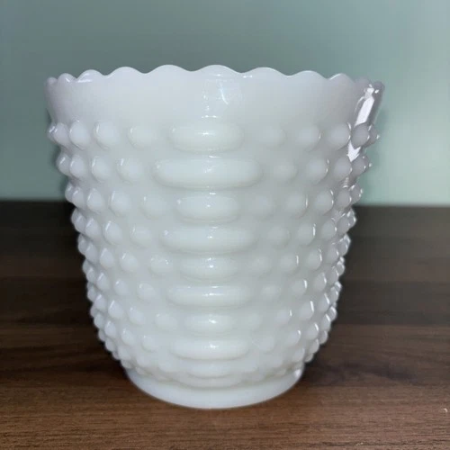 Vintage Fire-King Milk Glass Hobnail Planter Vase Scalloped Edge USA 5x6